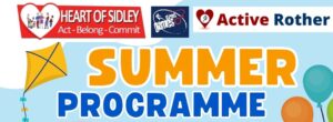an illustrated kite and balloons fly in a blue sky. text reads Summer programme