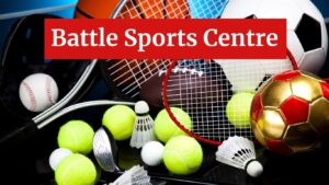 various peices of sport equipment lay on the floor. text reads Battle Sports Centre